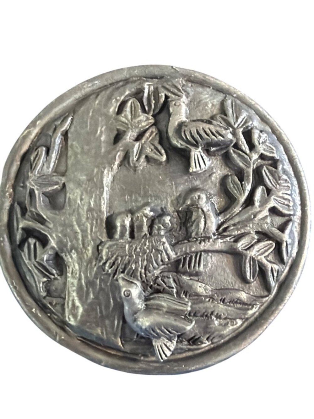 Vintage Pewter Pin Matching Earrings Birds Nest Tree Round 1.25" Earrings .25"